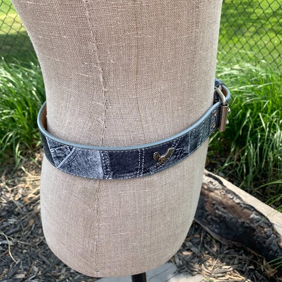 Vintage Y2K Denim Embossed Leather Silver Eagles Belt New - Picture 7 of 14